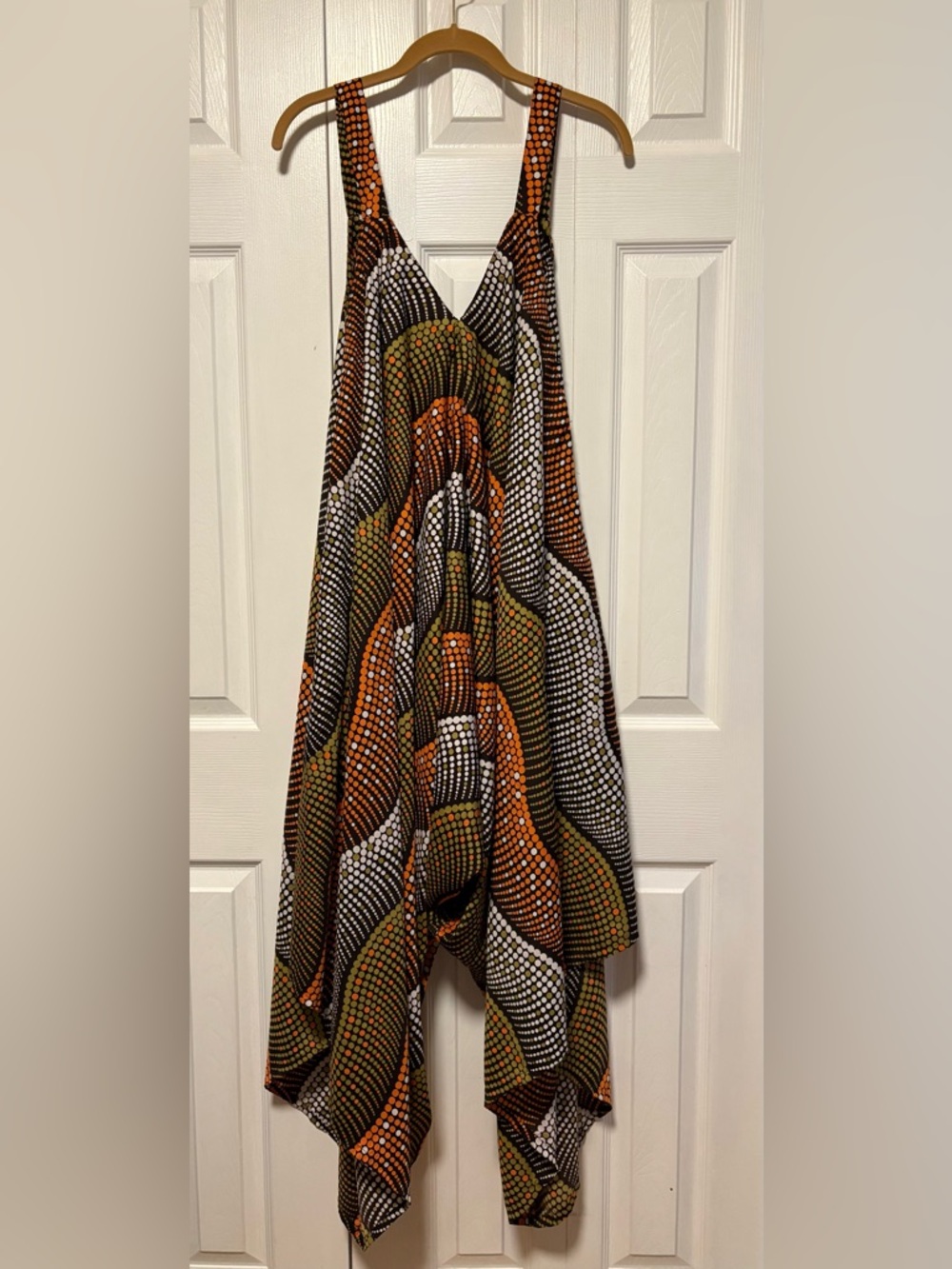 Gorgeous Flowing Dot-Print Jumpsuit in Orange, Olive & Chocolate Brown